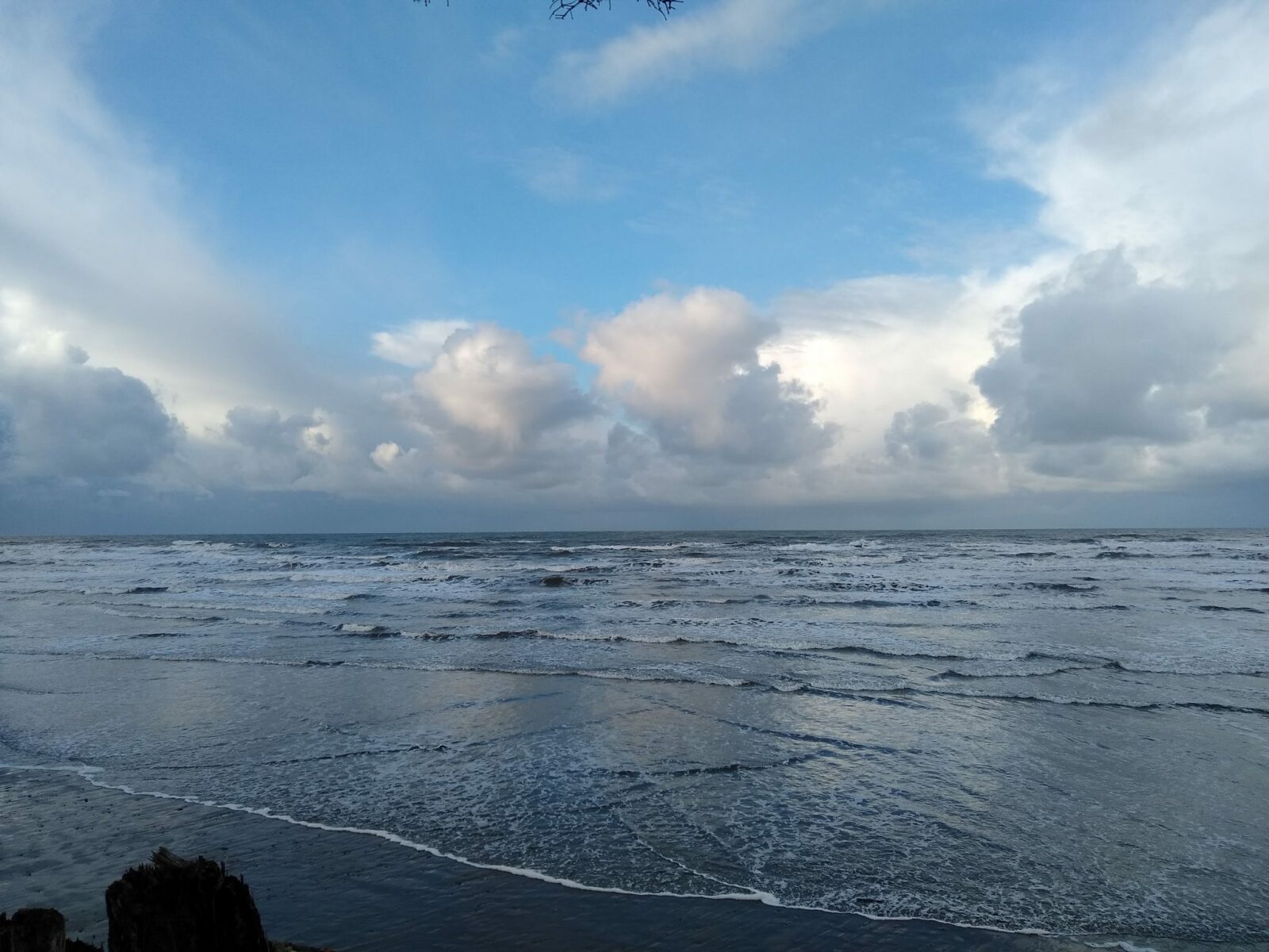 A bit of sandy near the waves of the ocean at Kalaloch Beach in Olympic National Park between winter storms. There are big storm clouds out to see but the sun is breaking through on shore