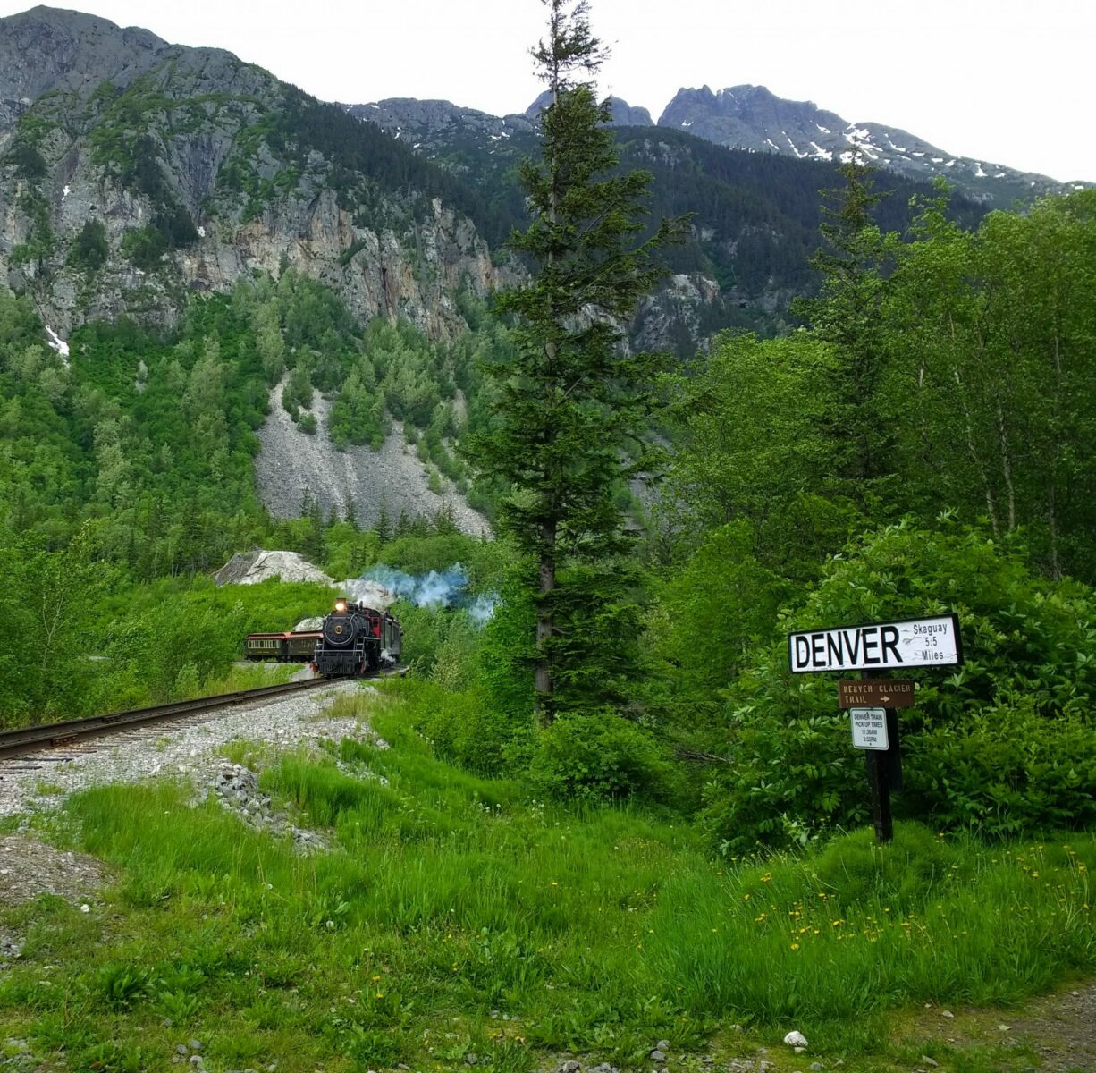 A steam engine coming around a corner with a train in the remote mountains of white pass near Skagway alaska. There is a sign in the forest next to the tracks that says Denver Glacier Trail and Denver - Skagway 5.5 miles