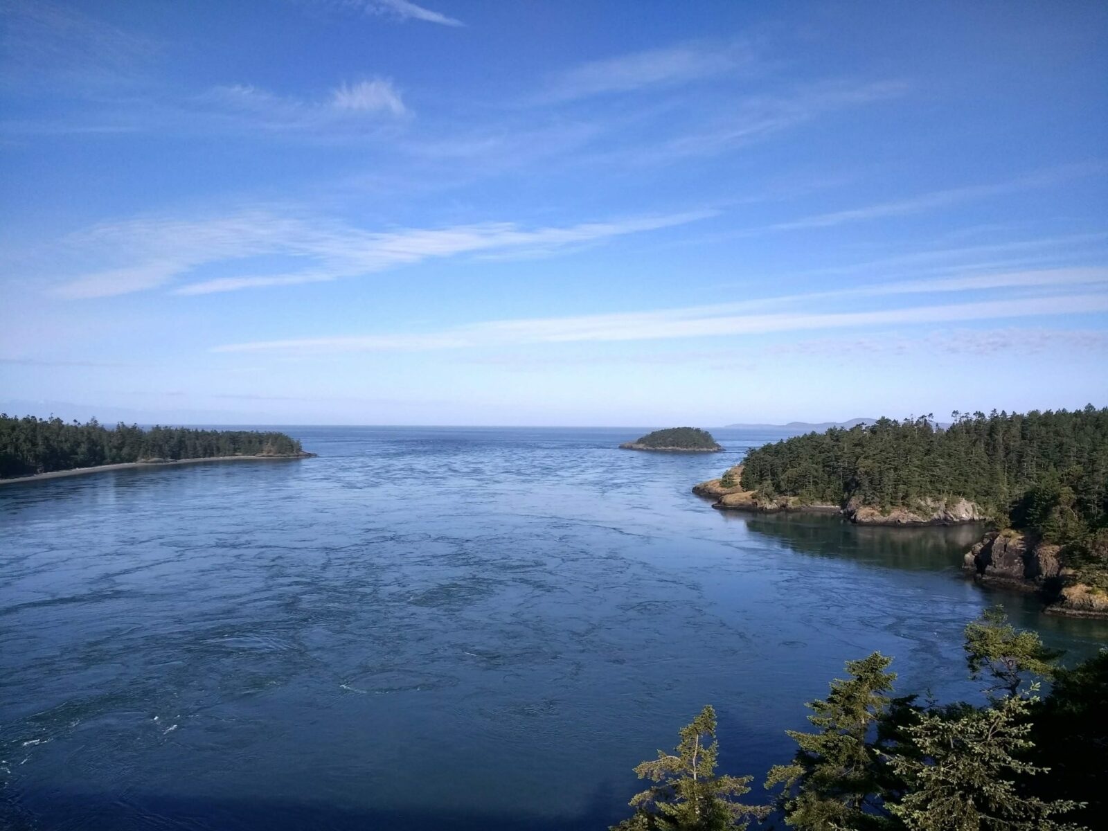 View from high above Deception Pass between Whidbey Island and Fidalgo Island. It is a sunny day and the water is blue and swirling with current between forested hills on each side of the water