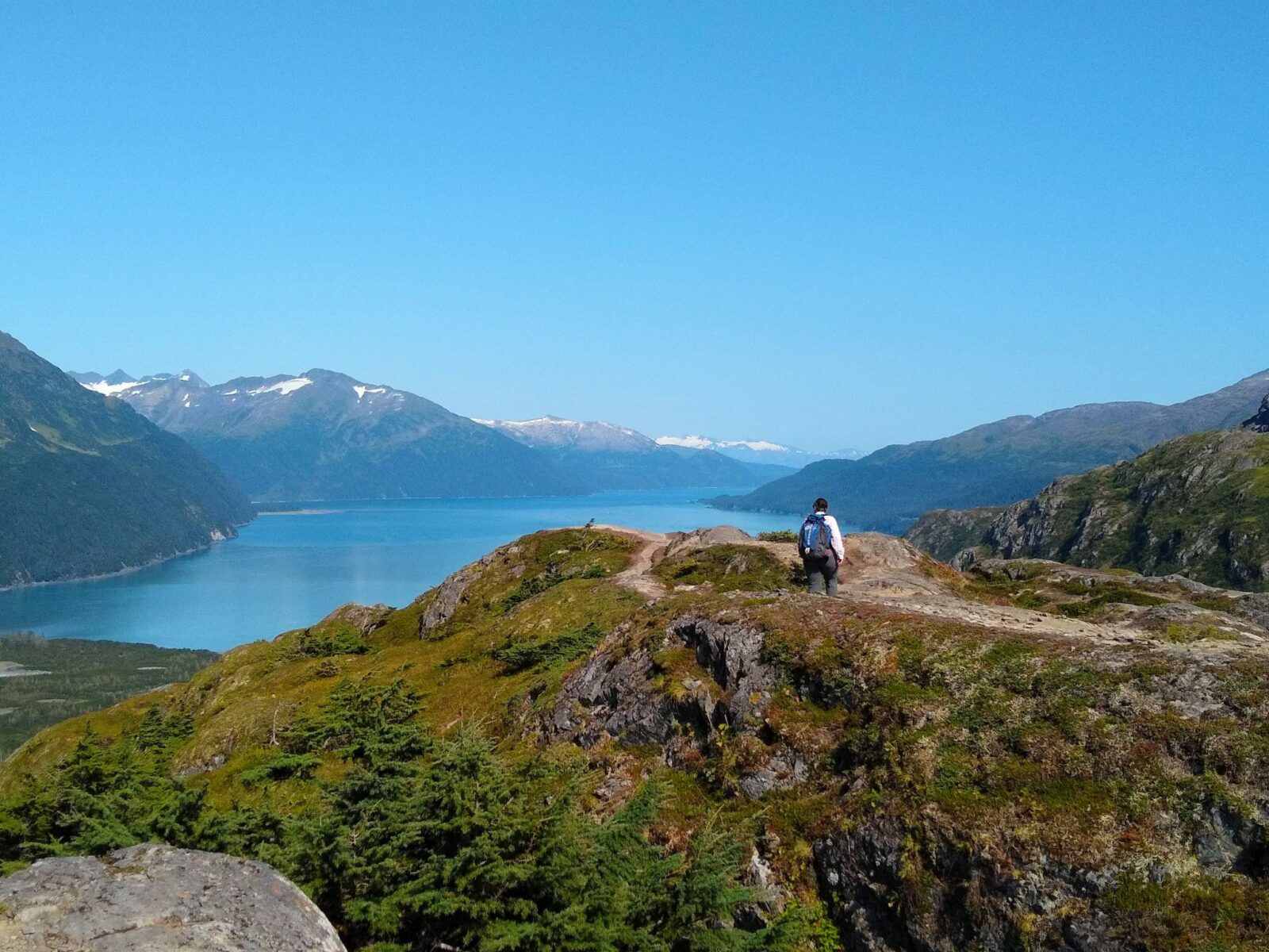 A hiker stands on a ridge above a fjord and distant mountains on a sunny day