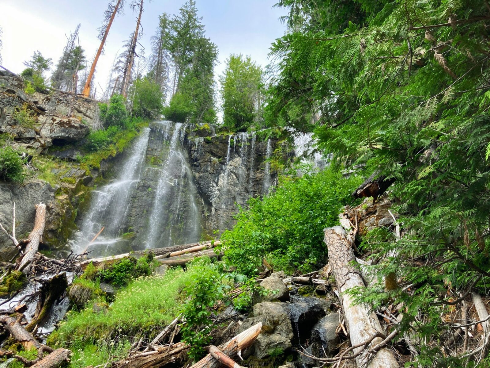 A waterfall going over a rock face in a forest near Lake Chelan