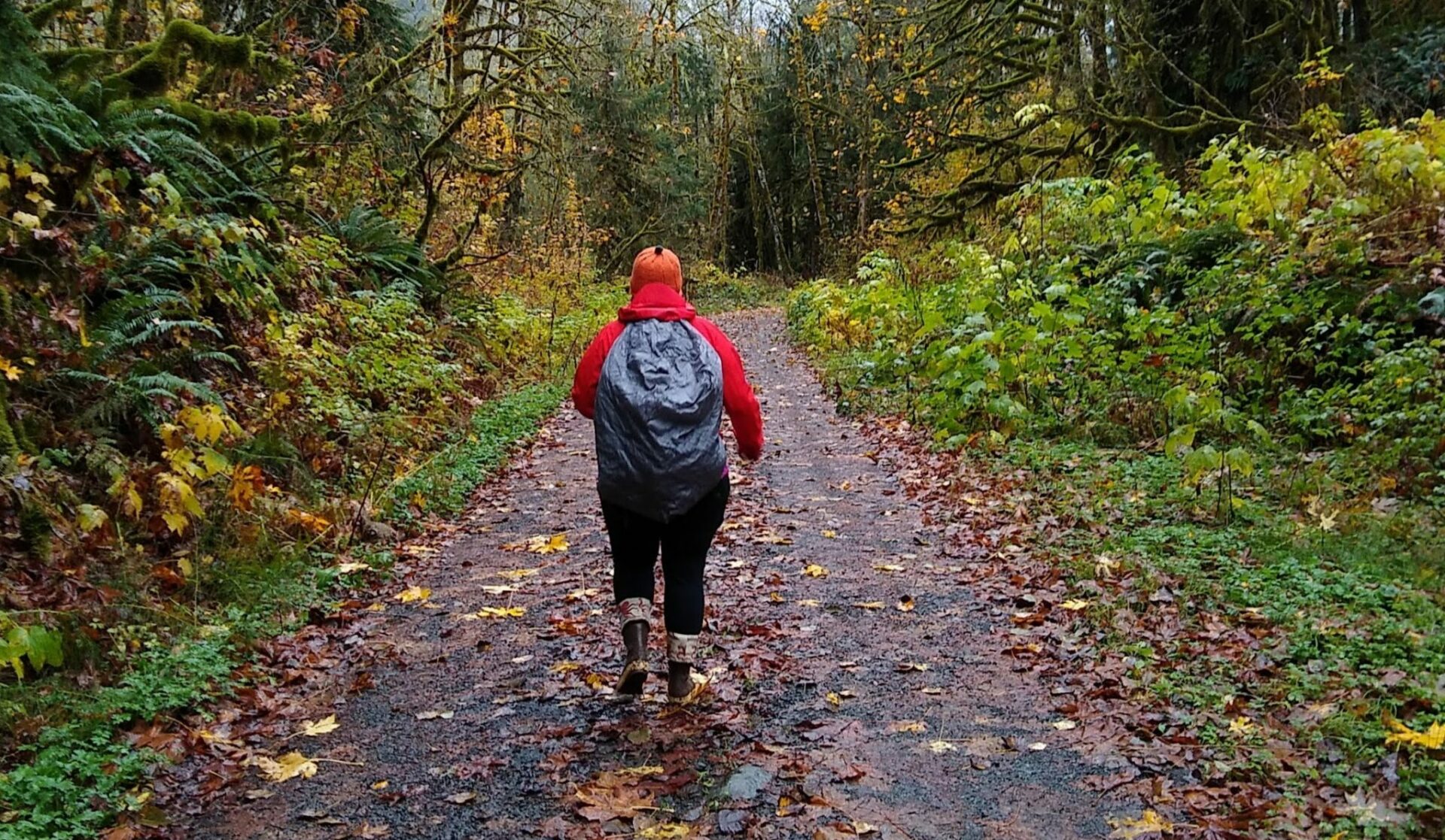 A person wearing pacific northwest winter gear on a wet hiking trail in the rain. The person is wearing rubber boots, black leggings, a red rainjacket and an orange hat as well as a backpack with a rain cover. They are walking on a gravel trail with undergrowth and trees on each side