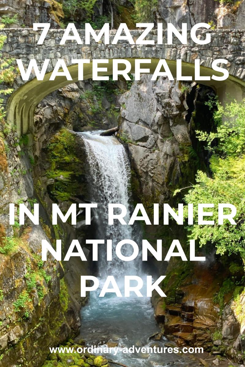 A waterfall descends between rocks and trees under a stone arch bridge. Text reads 7 amazing waterfalls in mt rainier national park