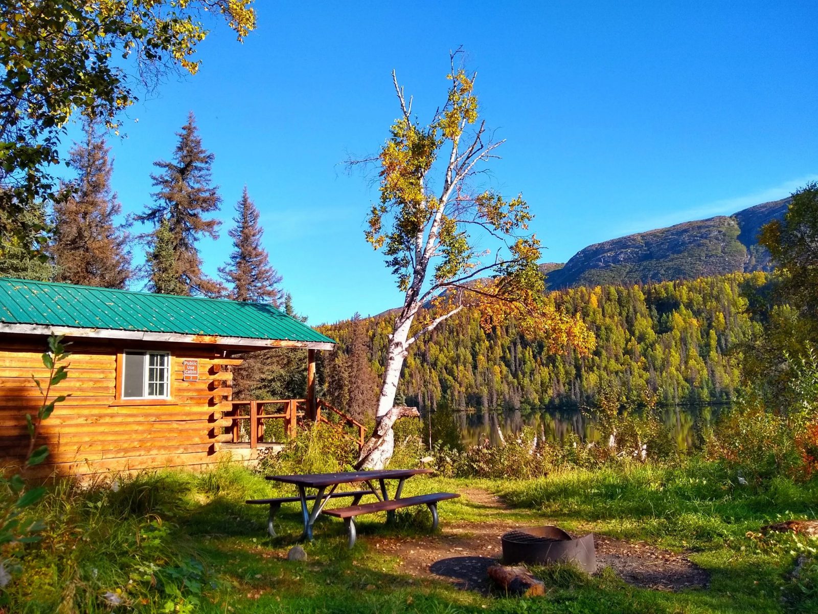 the side of a wooden cabin next to a lake with forest around it. There is a picnic table and a fire pit in the foreground. A cabin rental is a great way to camp without having to fly with camping gear 