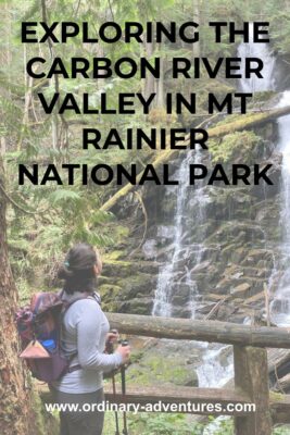 A hiker looking at a waterfall in an evergreen forest near the Carbon River Trail. Text reads: Exploring the Carbon River valley in Mt Rainier National Park