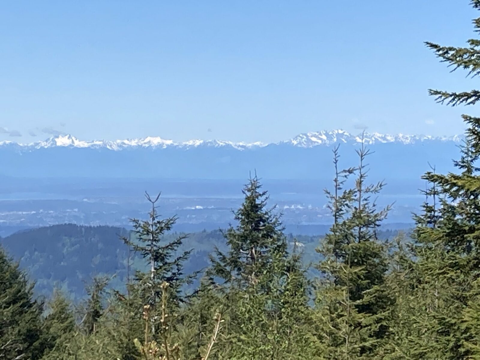 Distant snow capped mountains. In the foreground are different layers of forested hills, water and towns.