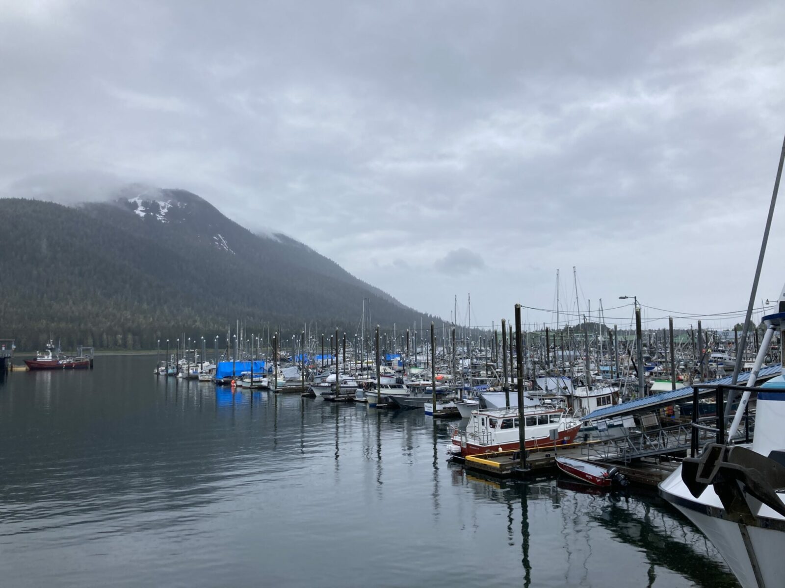 Petersburg full of fishing boats on a cloudy and rainy day