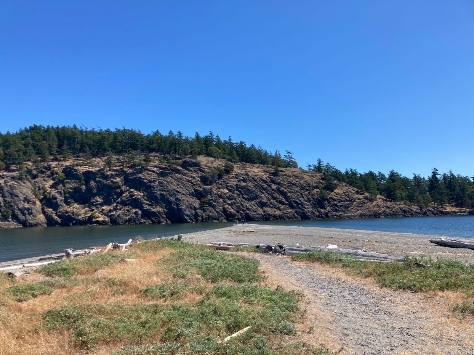 The tip of Spencer Spit on Lopez Island. There is some grass and driftwood and gravel in the foreground and a gravel beach goes out to a narrow point in the water. Very close to the end of the spit is another island with a rocky side and trees on top