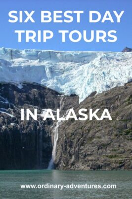 A hanging glacier over rocks next to the water with a small waterfall coming down. Text reads: Six best day trip tours in Alaska