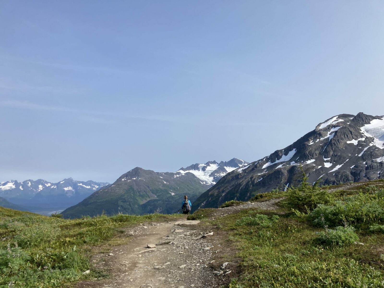 The Harding Icefield trail in Kenai Fjords National Park. The trail is dirt and rock and goes through a green meadow. A hiker is walking down the trail with high snow capped mountains in the background