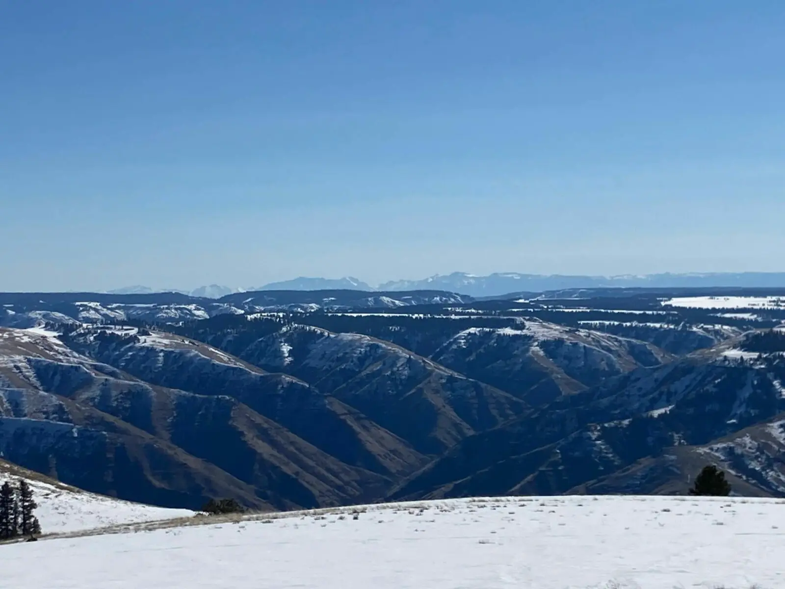 Winter view from Puffer Butte in Fields Spring State Park. In the foreground is a snowy meadow and there are several layers of snowy mountains in the distance. There are higher snow covered rocky mountains in the far distance. The sky is perfectly blue.