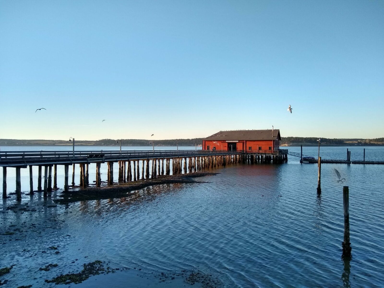 A long wooden pier with a red historic building at the end of it at sunset in Coupeville on Whidbey Island