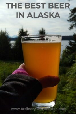 A person holding a pint of beer against a background of forest. Text reads: the best beer in Alaska