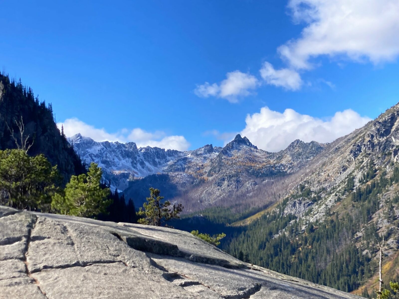 Distant mountains with fresh snow, forest in the foreground and a large granite block below