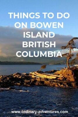 A rocky beach at sunset. Text reads: things to do on Bowen Island British Columbia