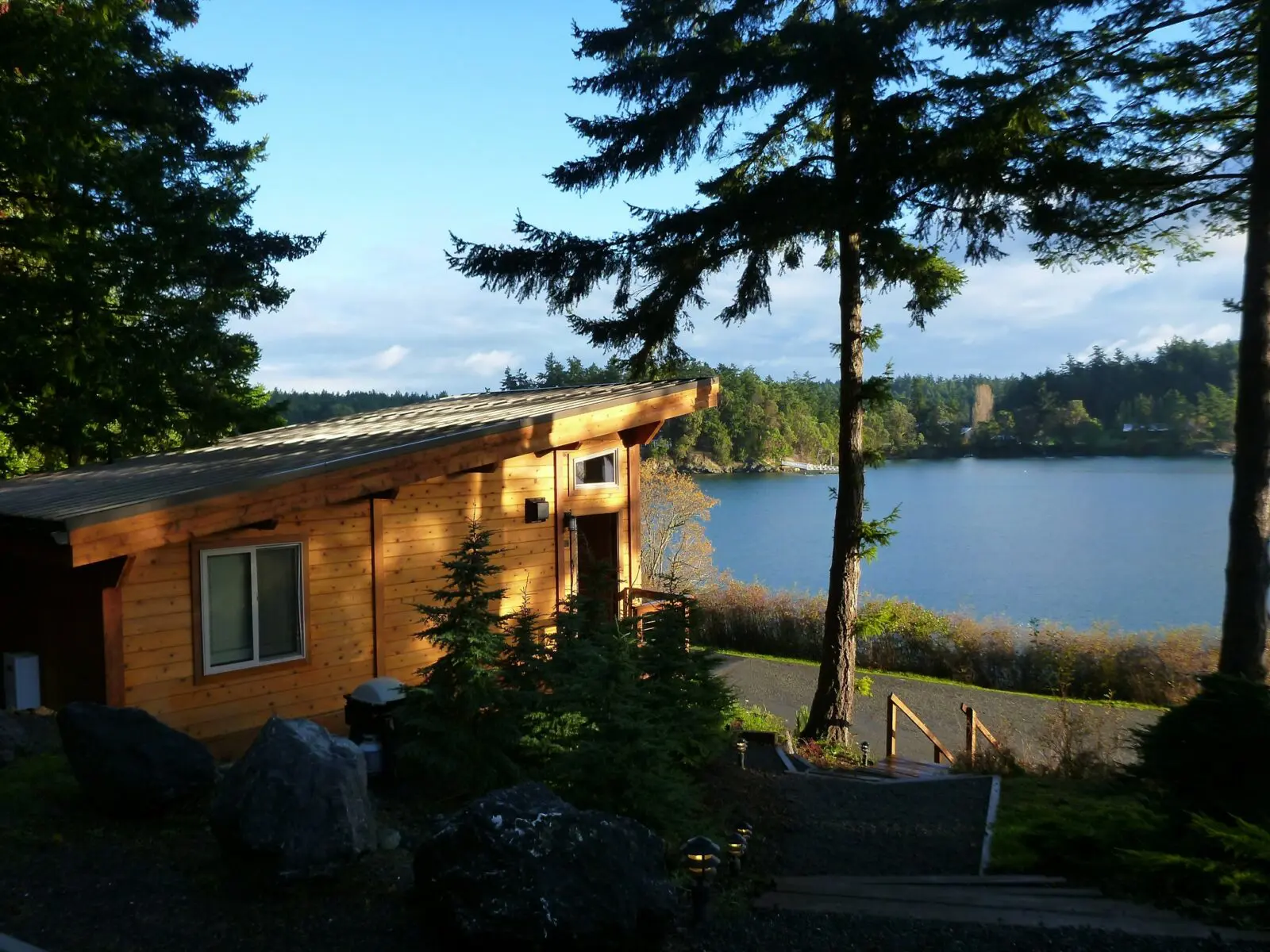 A small wooden cabin with a slanted roof next to a small bay in a forest