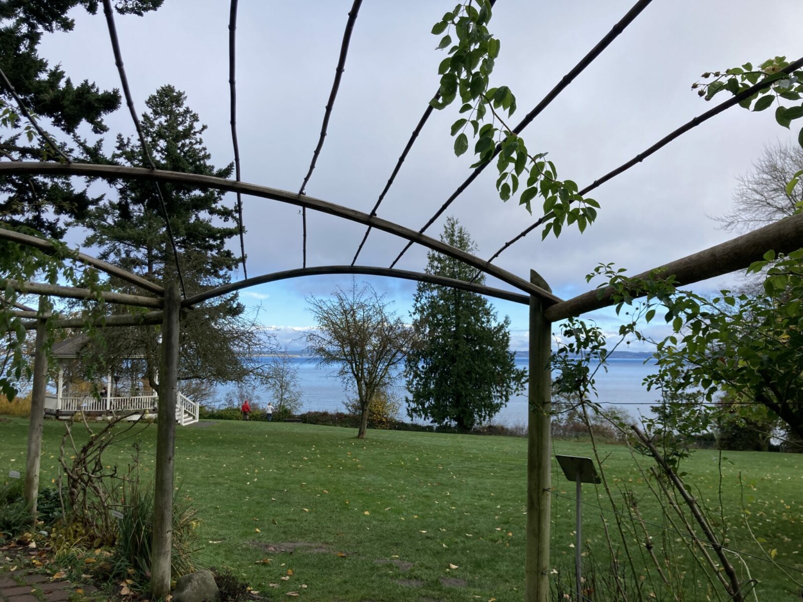 Chetzemoka Park in Port Townsend. There is a green lawn with a few trees, a gazebo and wooden structures for plants to grow on in the summer. There is a view between the trees of the water below.