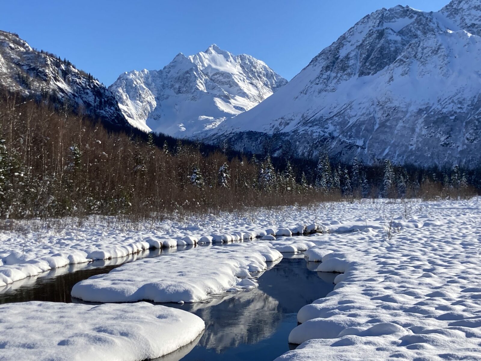 A winter pond covered in snow and ice in a forest with some snow still on the trees. In the distance are snow covered mountains.