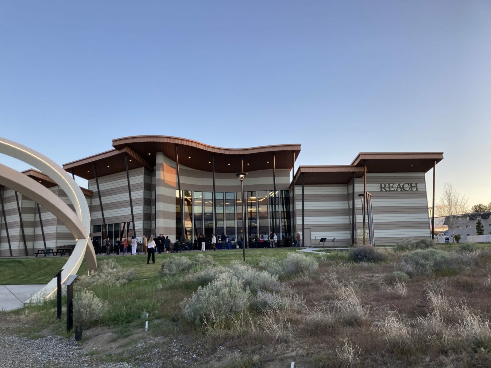 The exterior of the REACH museum in the Tri-Cities at sunset