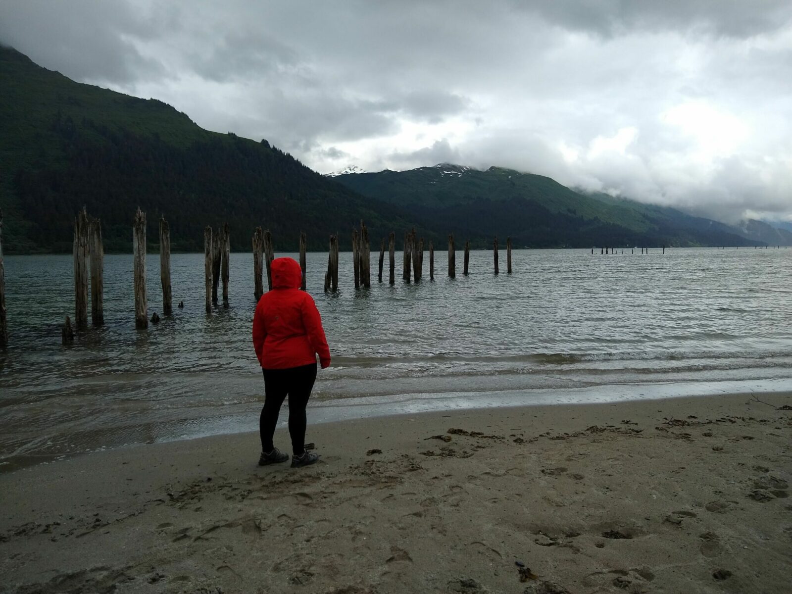 A person on a beach on an overcast day wearing a red rainjacket.