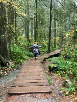 A person hiking in the rain on a wooden boardwalk in an evergreen forest. The person is wearing rubber boots, leggings, a gray rainjacket and an orange hat