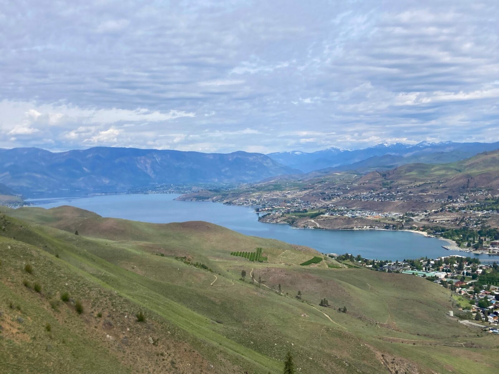 The view of Lake Chelan, the town of Chelan and the North Cascades from Elephant Butte. The hillside below is green and you can see the trail coming up the side. It's a cloudy day.