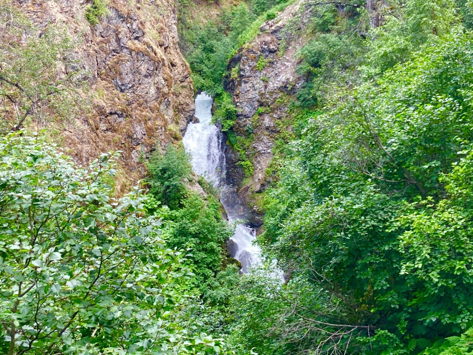 Thunderbird Falls going down about 200 feet through a rocky canyon lined with green trees and shrubs