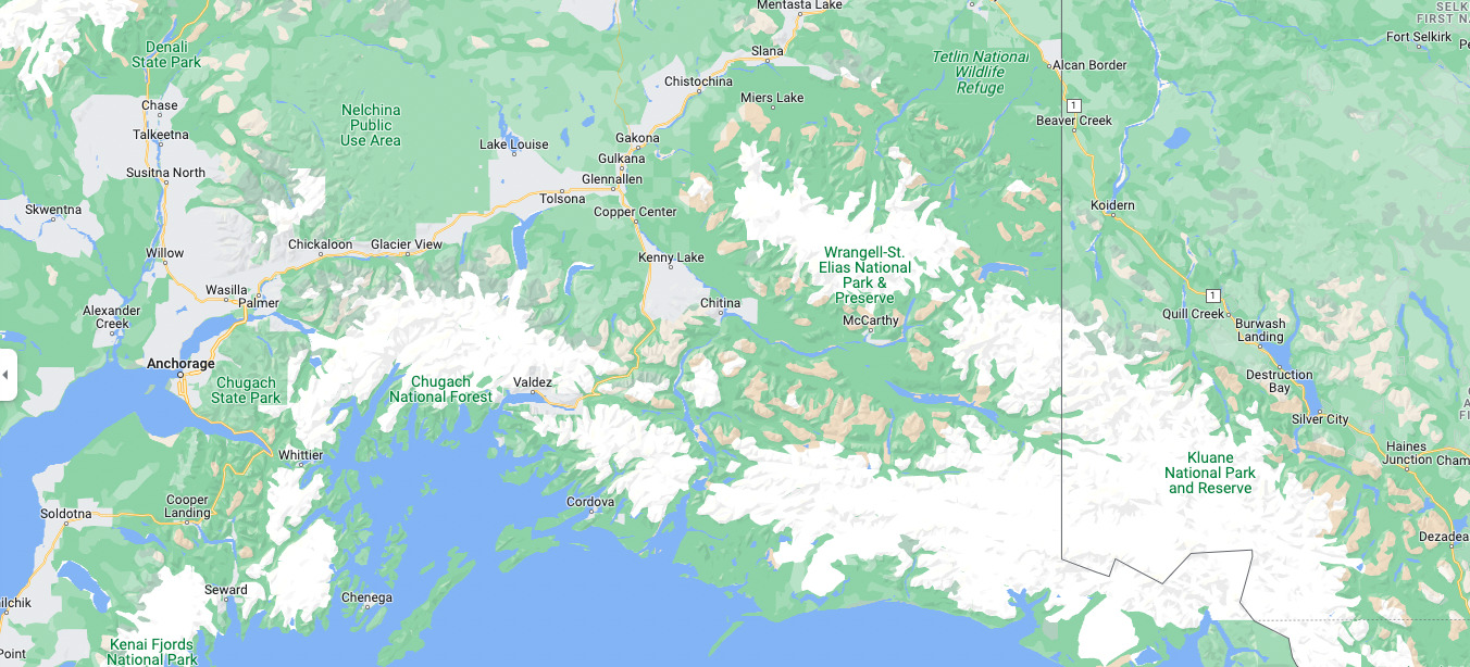 a google map showing the location of Wrangell-St Elias National park in relation to the state of Alaska.