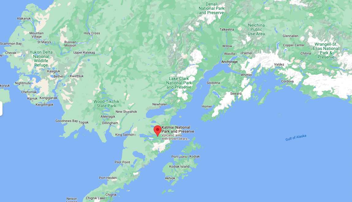 A google maps map showing the location of Katmai National Park southwest of Anchorage and Northwest of Kodiak Island in Alaska