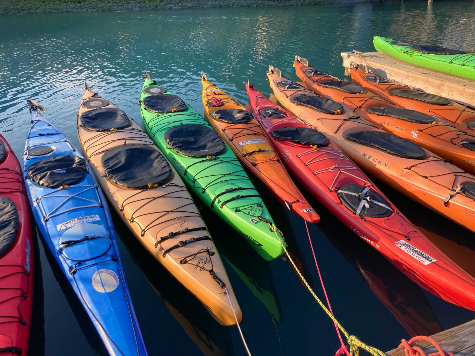 eight rainbow colored kayaks tied up to a pier in a harbor. Two kayaks are red, one blue, one green and four orange