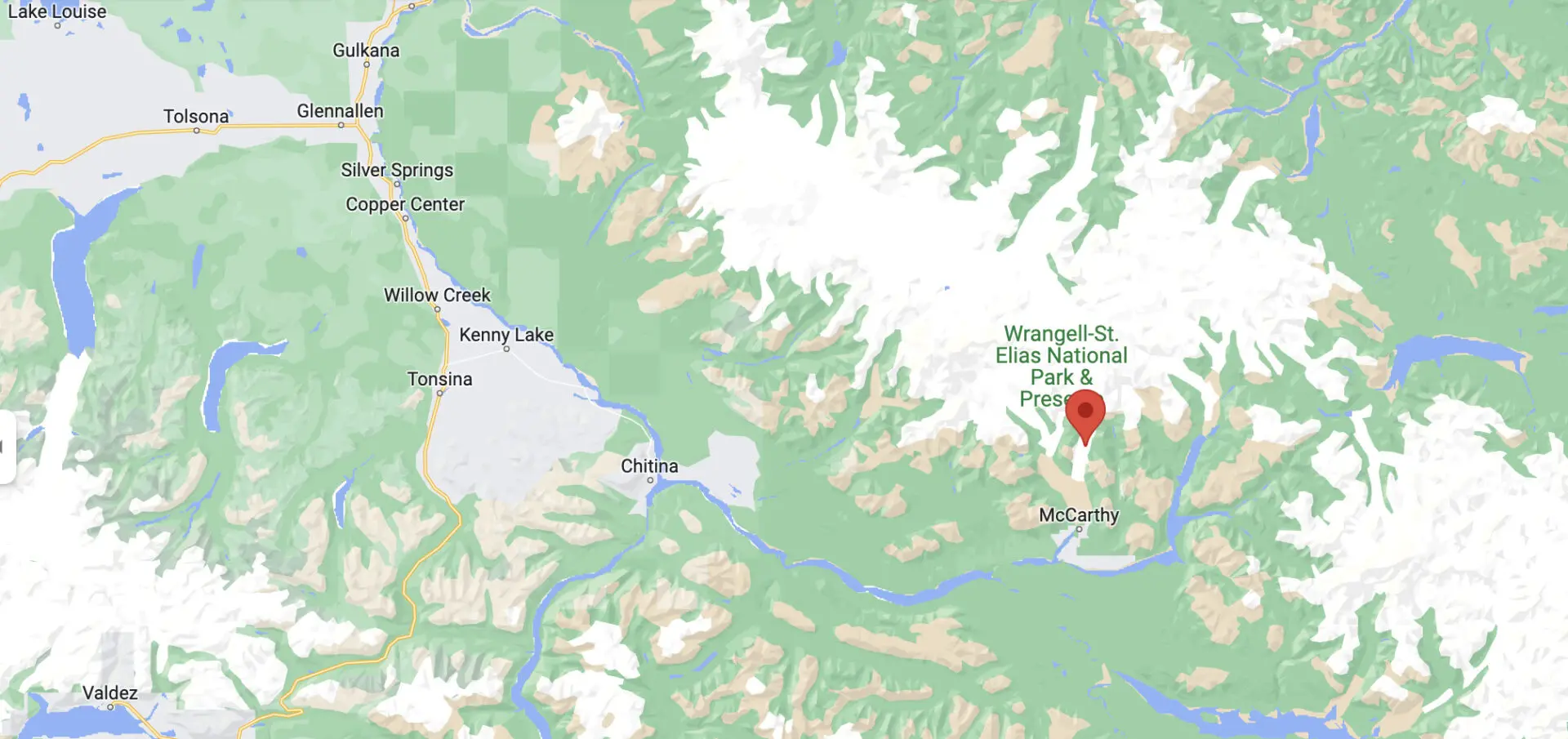 A google maps image showing the location of the Root Glacier in Wrangell-St Elias National Park