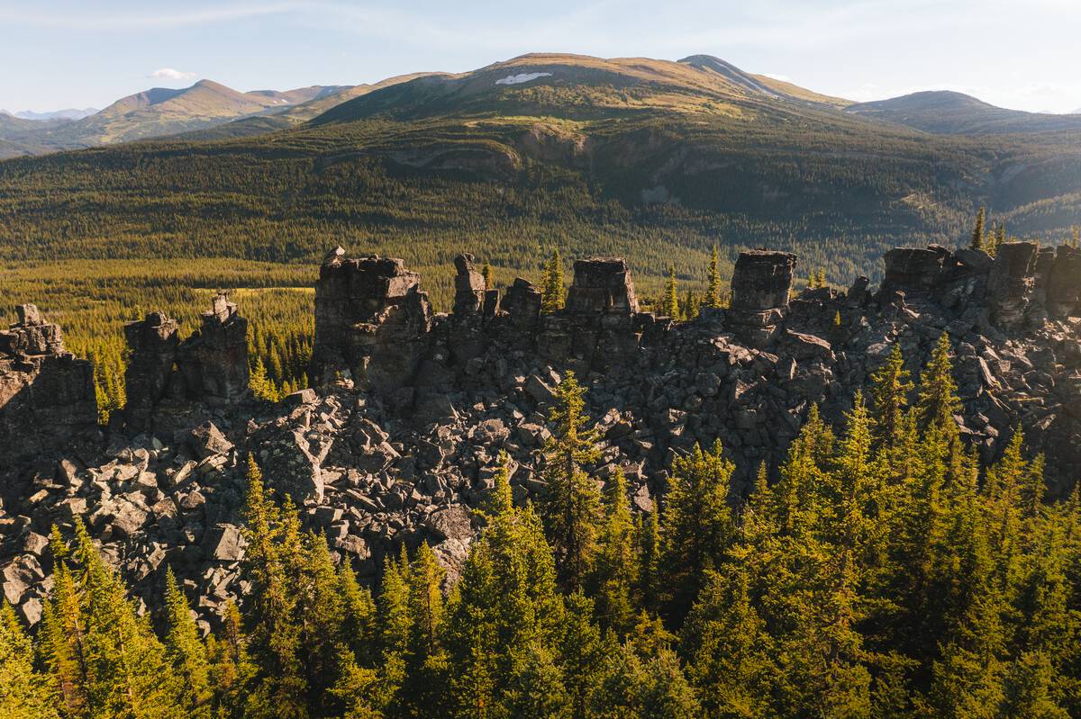 Rock formations sticking out of the forest along a ridge in the late afternoon sun.