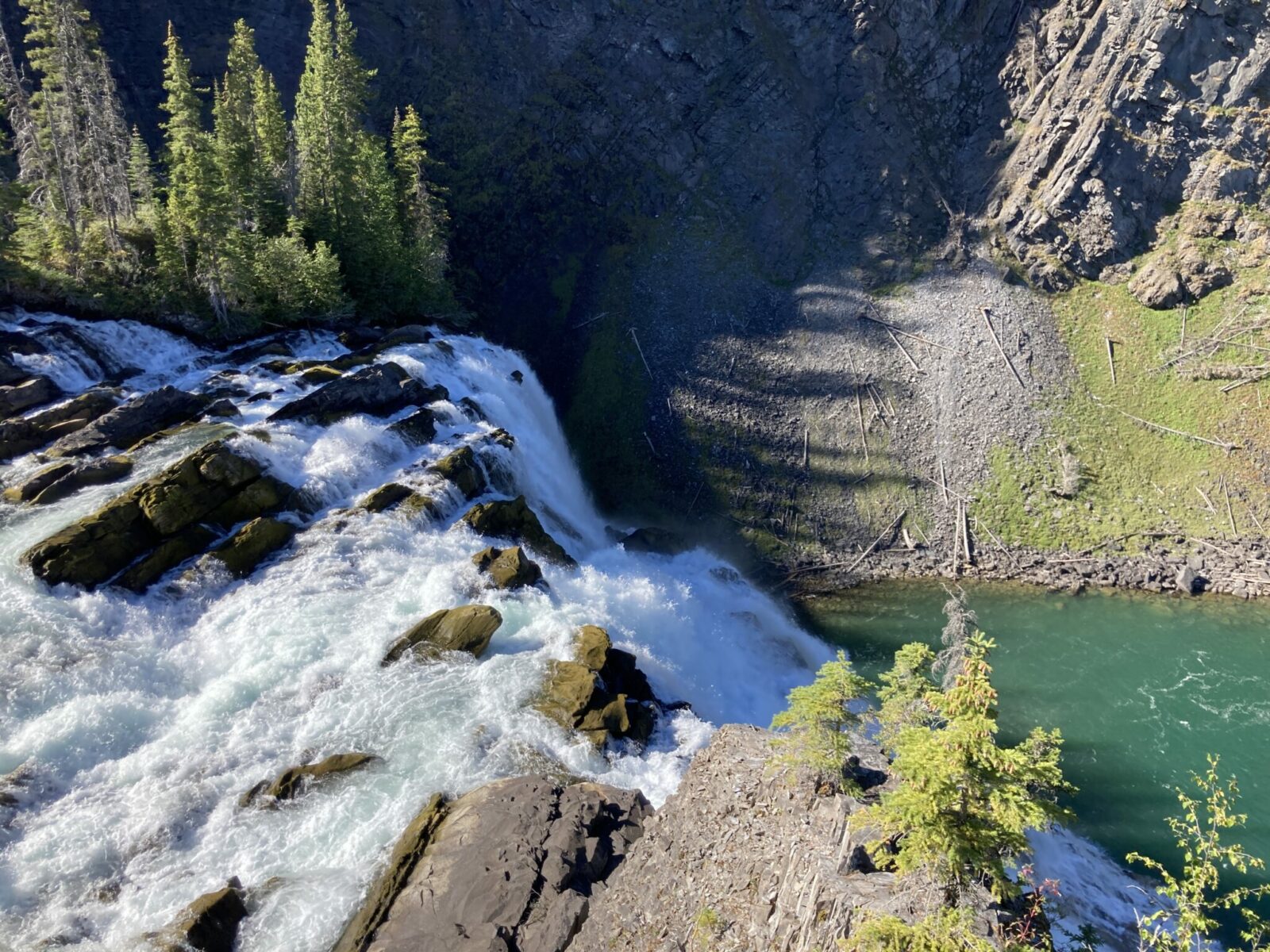 The top of a high waterfall plunging into a green river below. There are a few trees and rocks visible next to it.