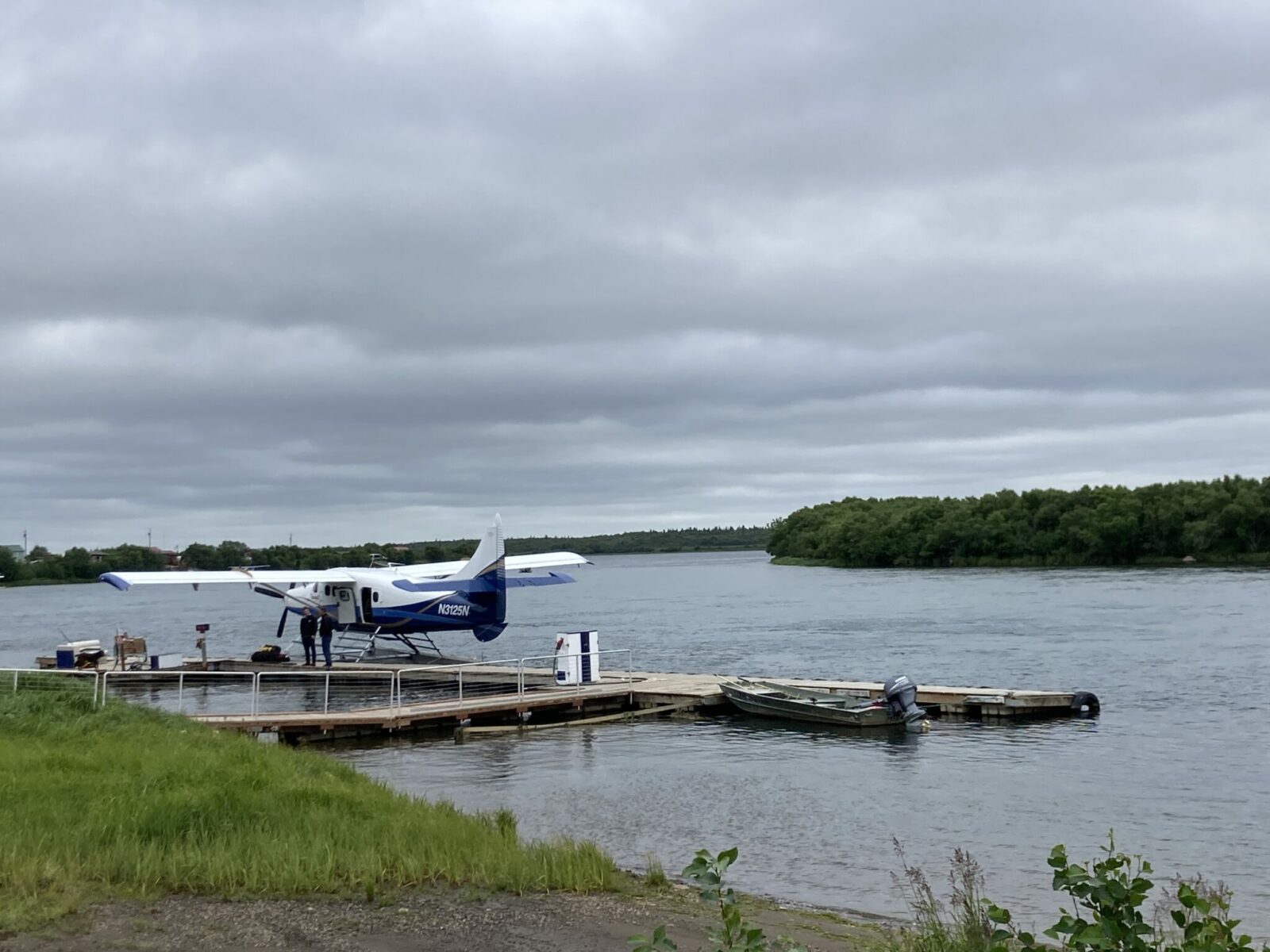 A blue and white float plane at a dock on the edge of the Naknek River in King Salmon, Alaska. The river is wide and there are trees and bushes along the sides. It's an overcast day.