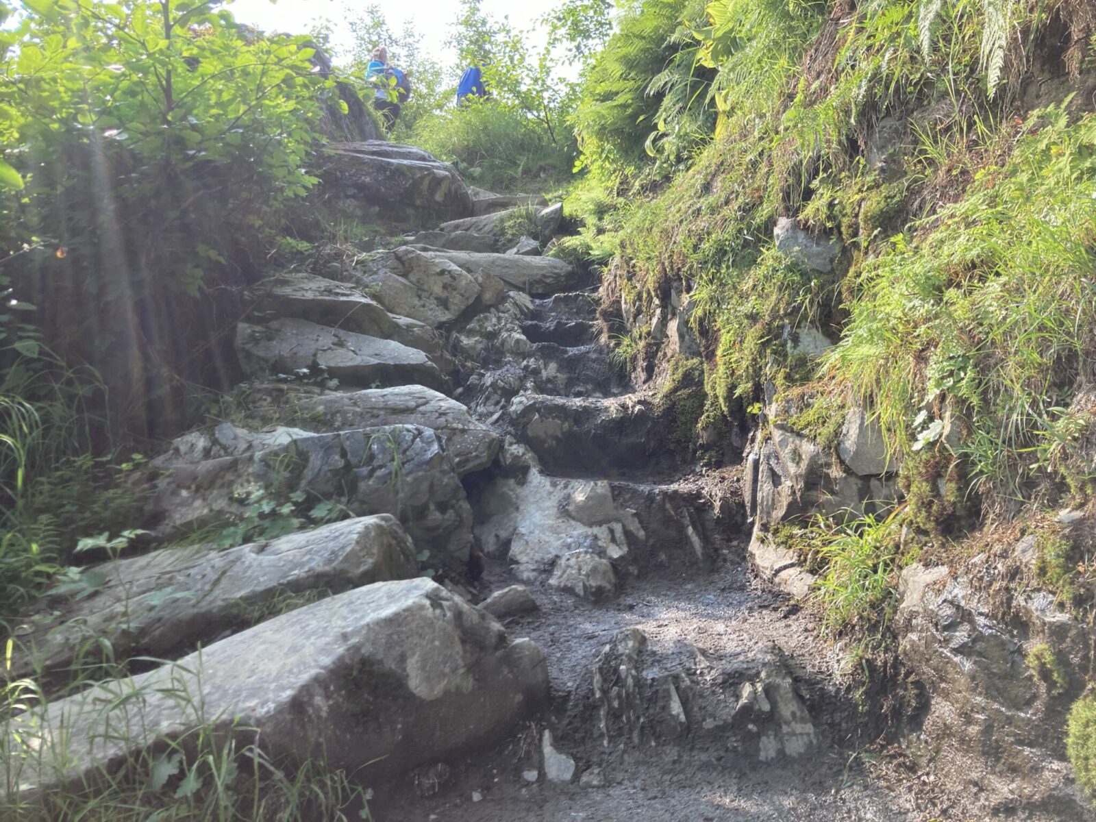 Steep rock steps with mud on a trail. Two hikers are near the top of the rock steps