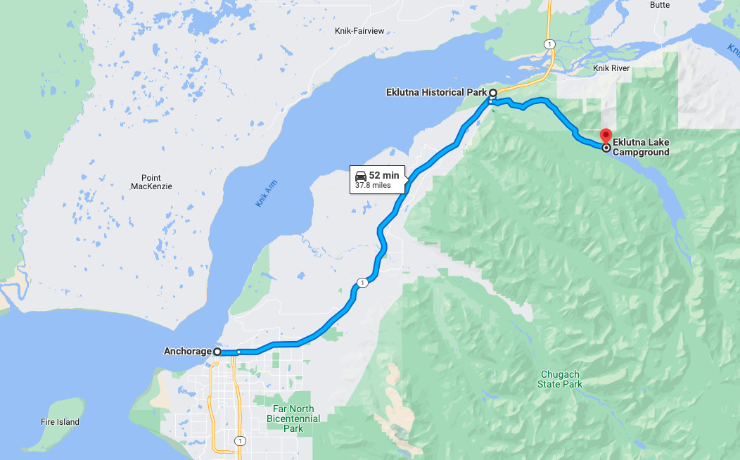 A map showing the route from Anchorage to Eklutna Lake