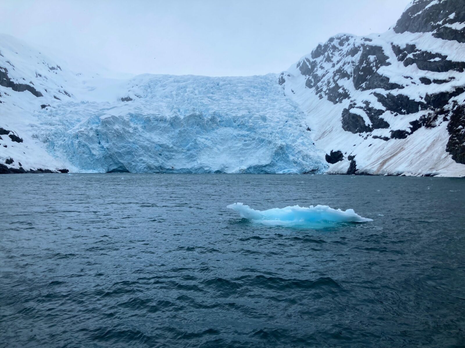 A tidewater glacier face between two rocky mountains on an overcast day. The water is gray and there is a bright blue ice berg in the water