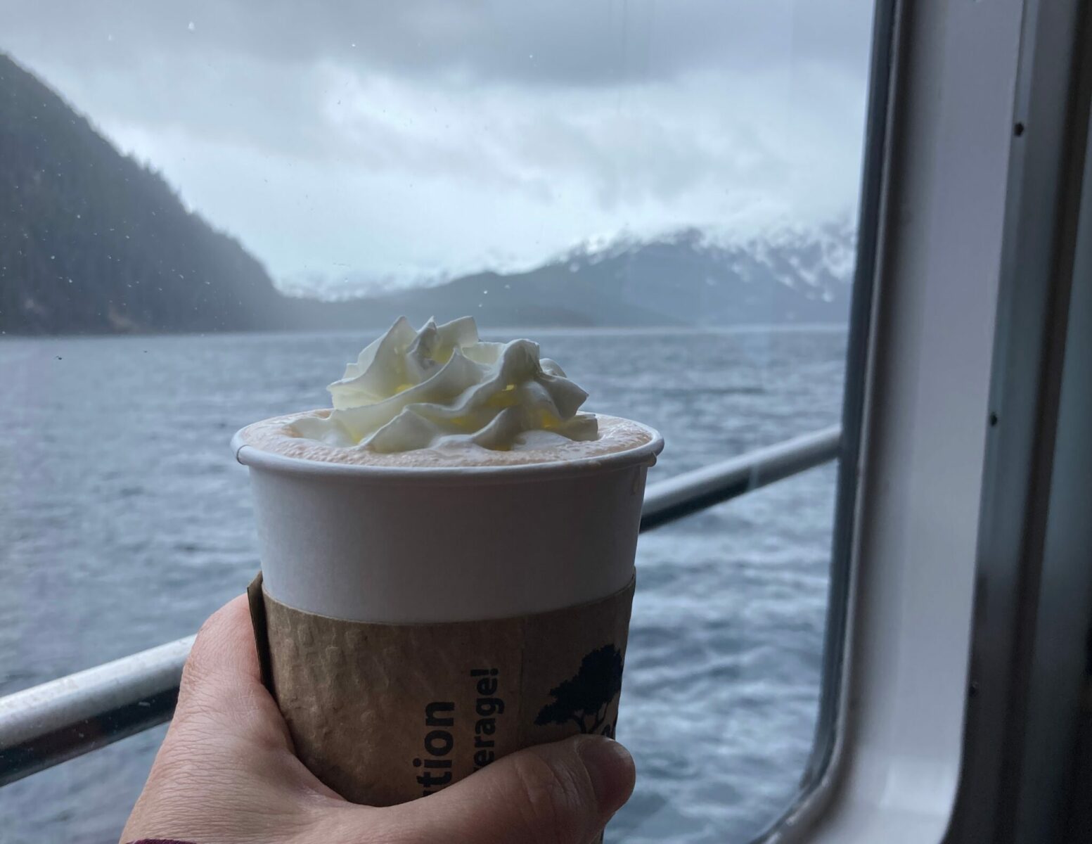 A person's hand holding a hot chocolate with whip cream in front of a boat window on a rainy day.