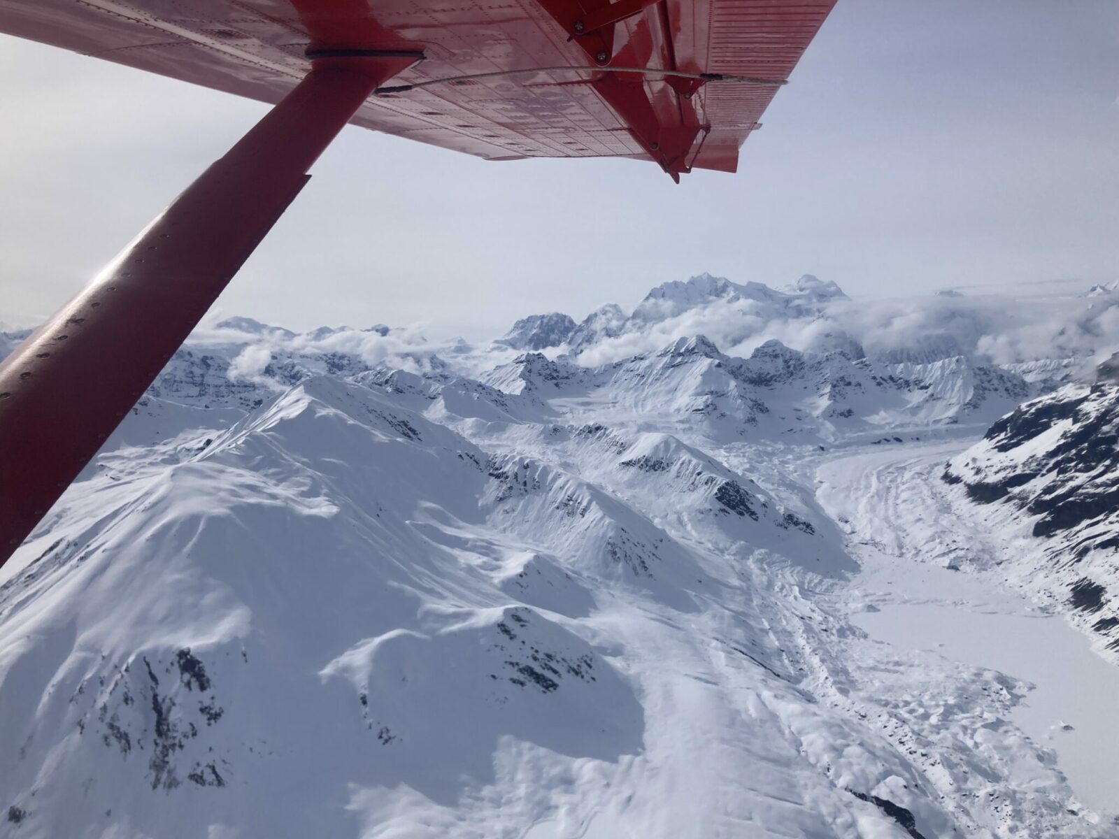 The underside of a red airplane wing and strut above a glacier and mountains in Denali National Park on a flightseeing tour