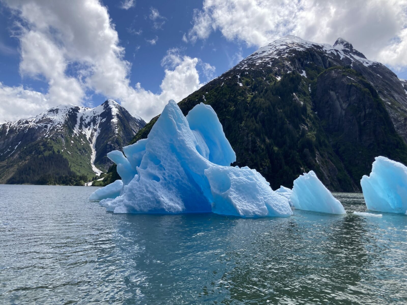 A large bright blue iceberg in Tracy Arm Fjord with mountains and some snow in the background.