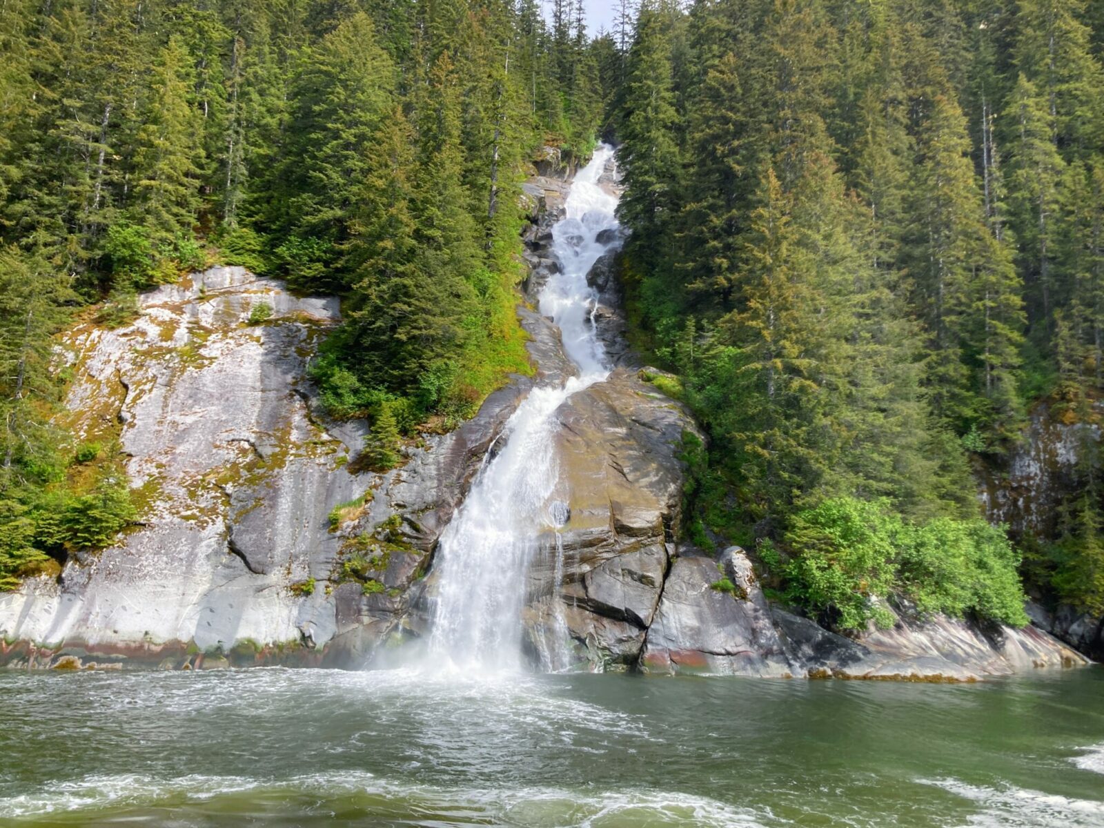 A waterfall comes down a rock wall in a forest of evergreen trees into the ocean below