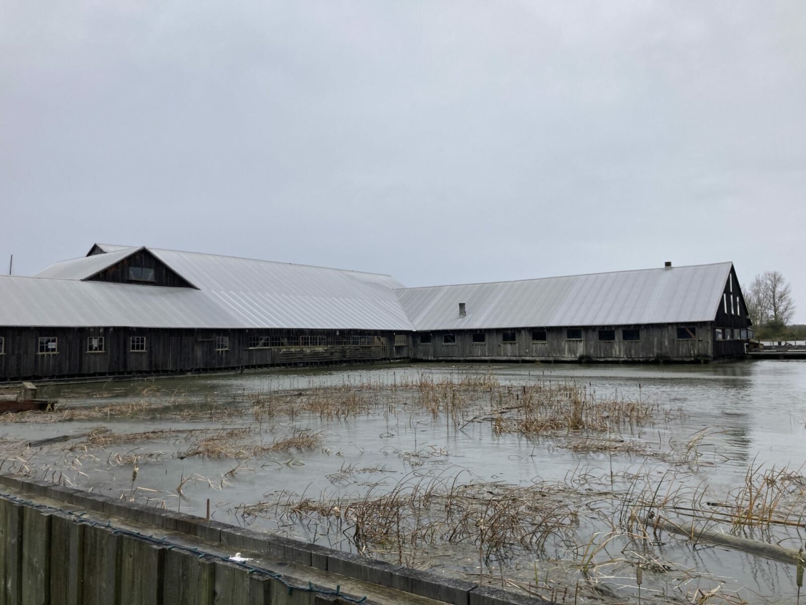 A run down wooden boat building structure on a cloudy day in a river estuary