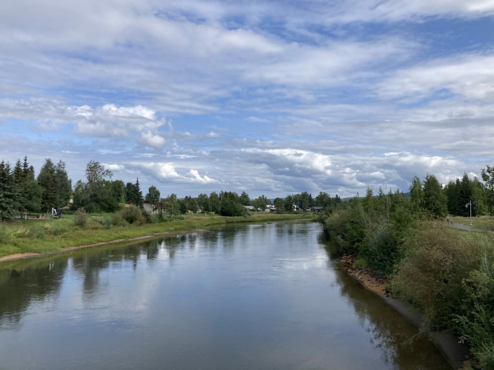 The Chena River in Fairbanks. There are green trees, bushes and houses on its banks