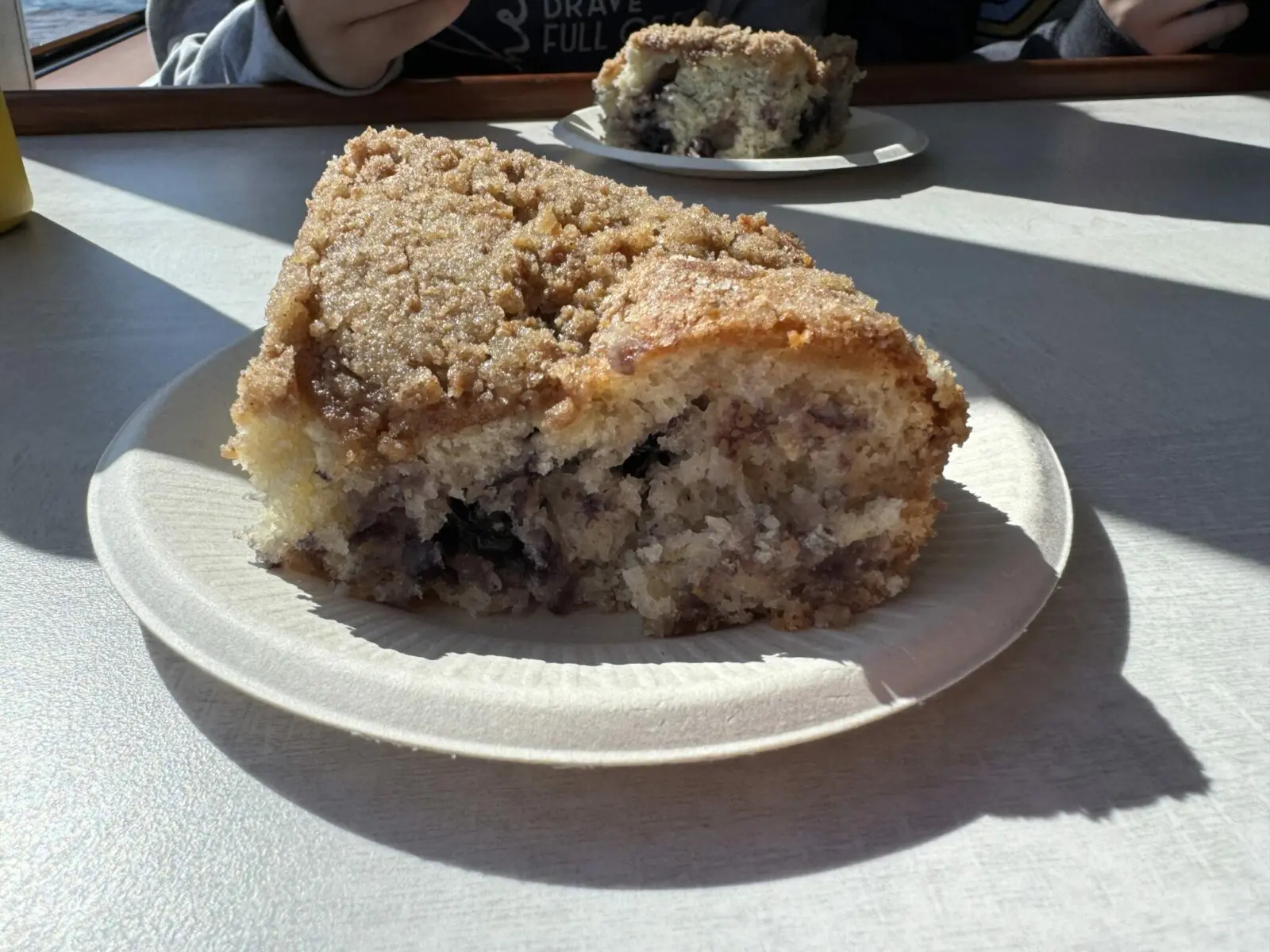 A piece of coffee cake with blueberries on a paper plate