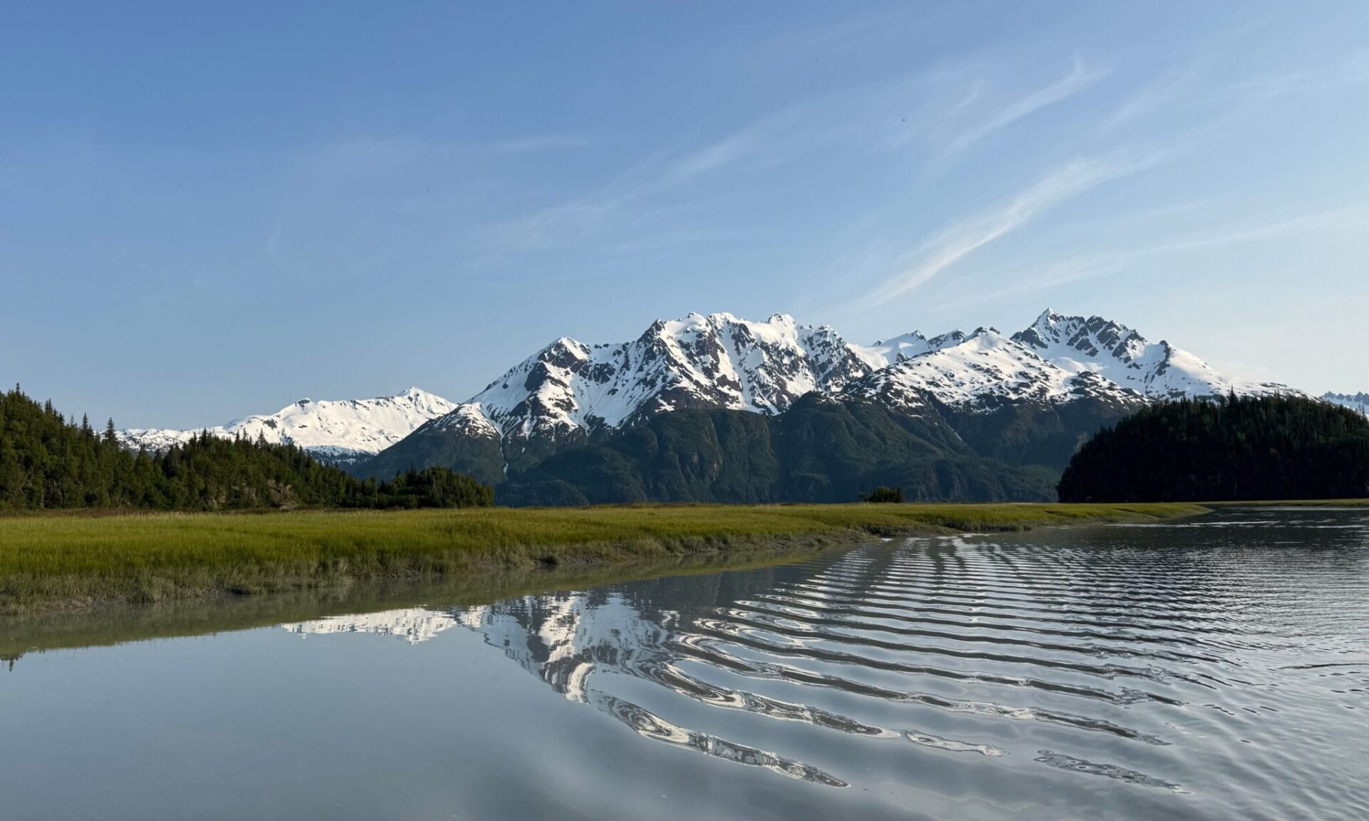 Glaciated mountains reflected in the water