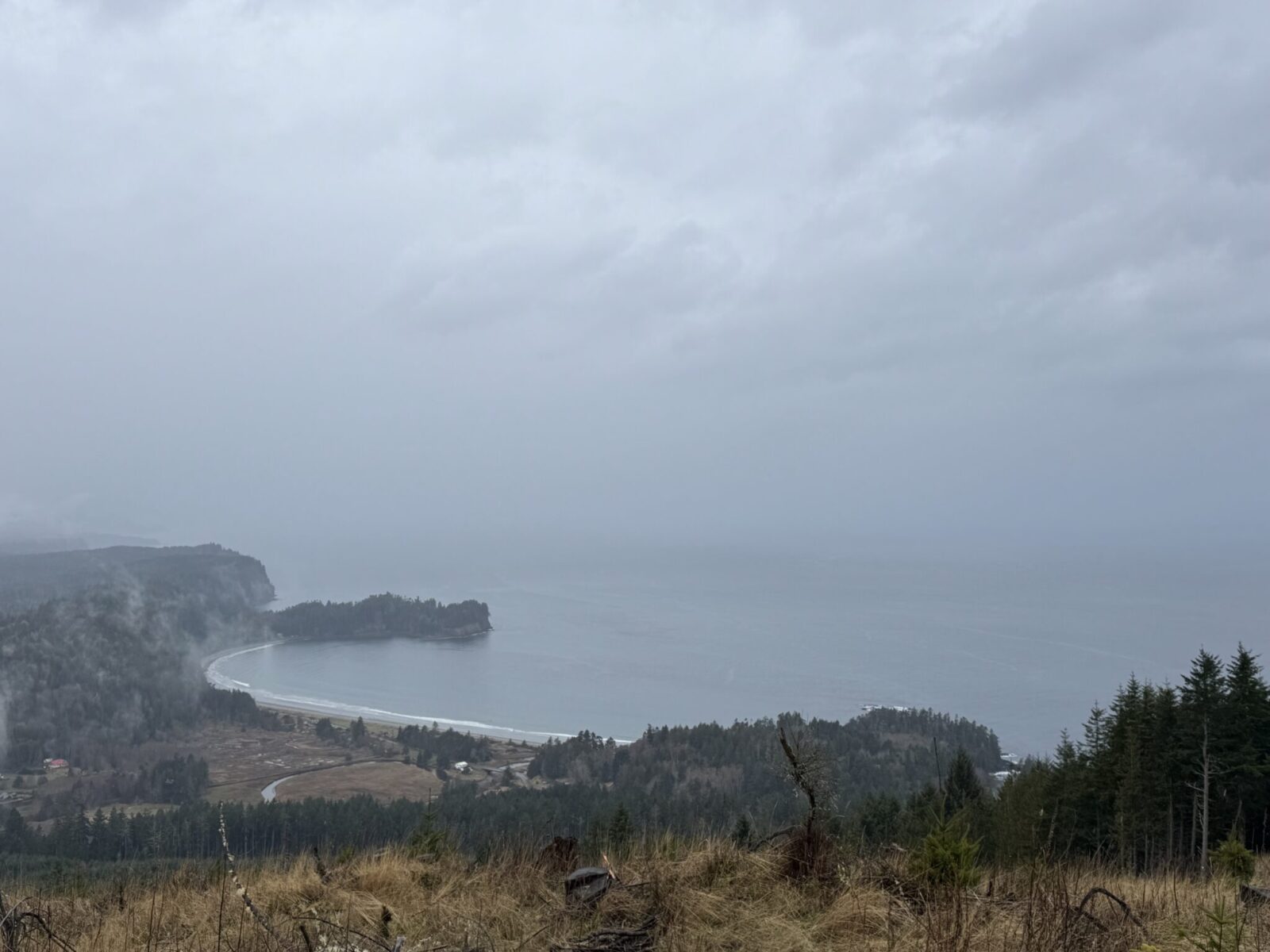 View of foggy coast from above